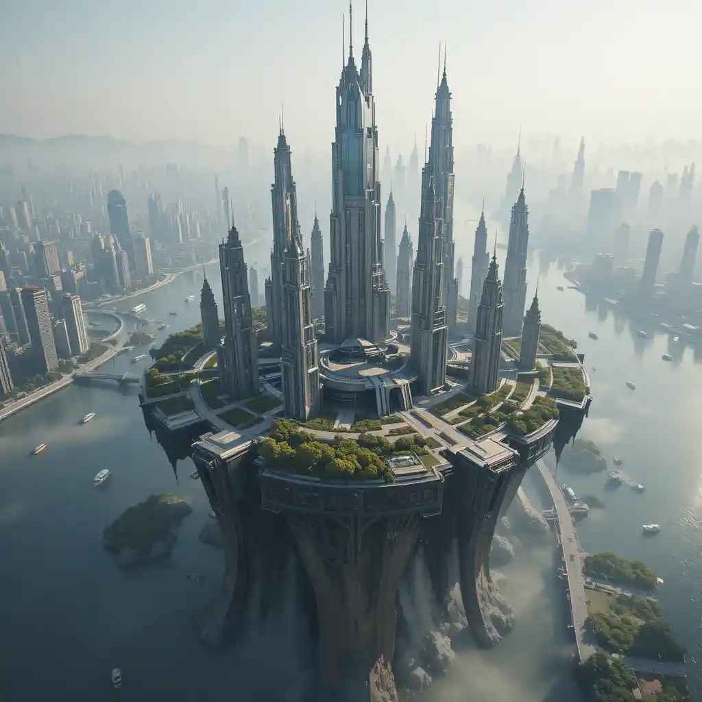 Città futuristica su un’isola con torri e auto volanti