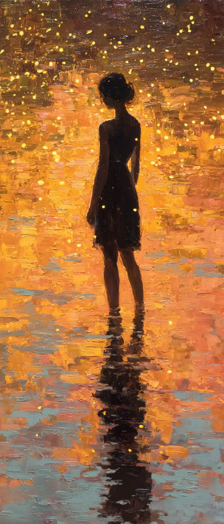 Pensive girl standing in a glowing river at night