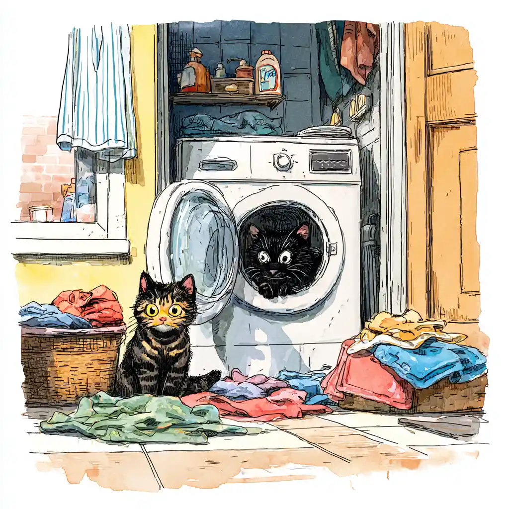 Curious kittens peeking from an open washing machine