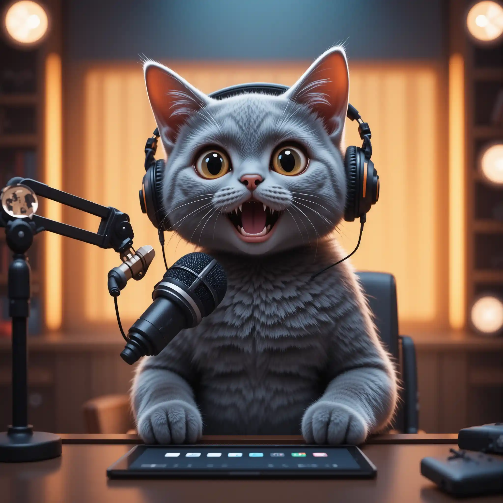 Gray cartoon cat hosting a warm lit podcast scene