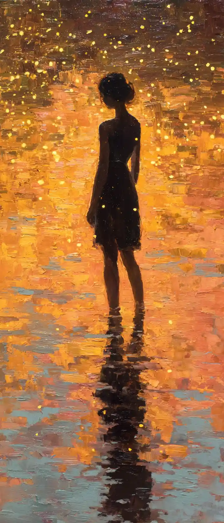 Pensive girl standing in a glowing river at night