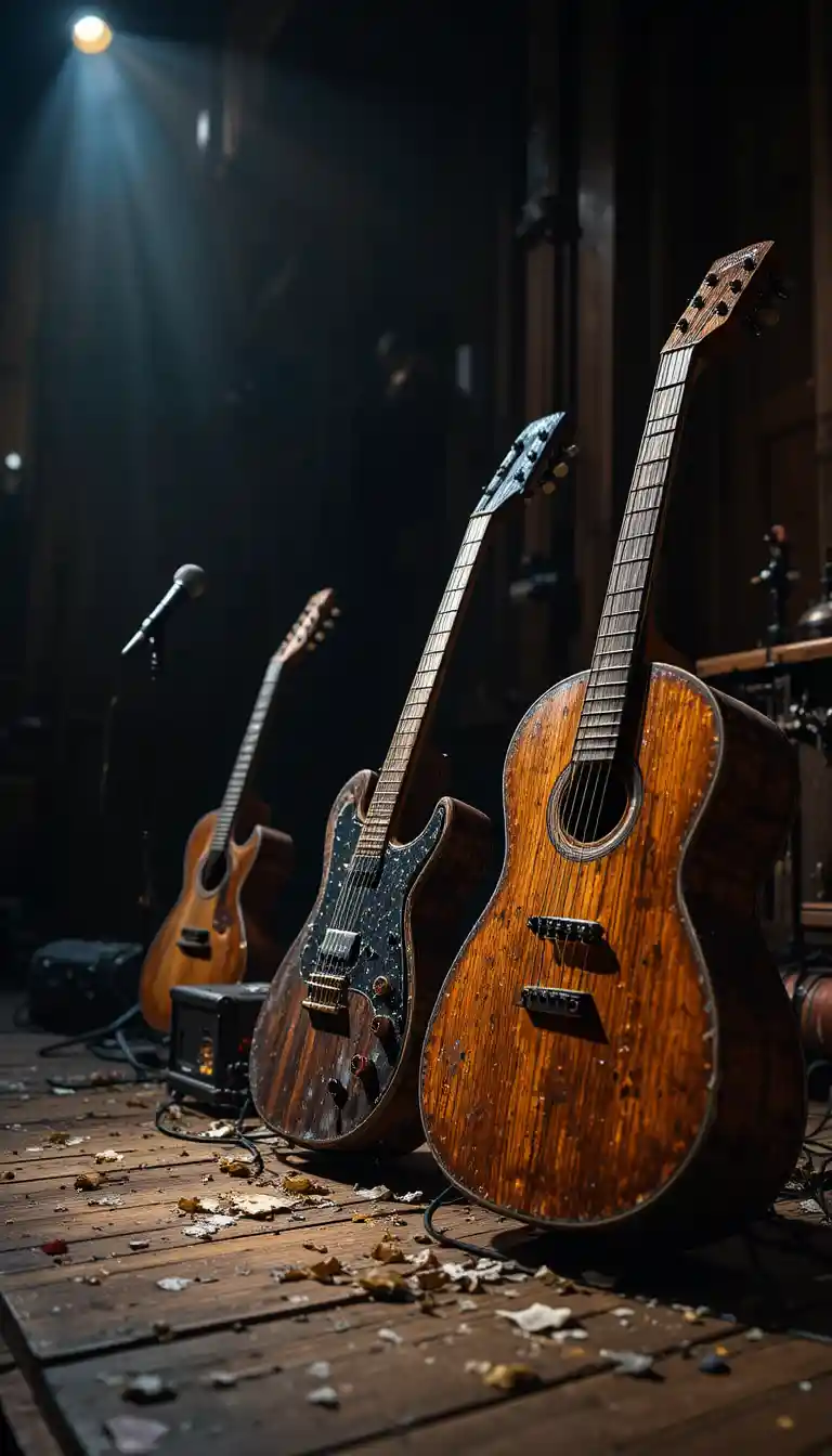 Roccia polverosa e strumenti musicali greci su un palco di legno