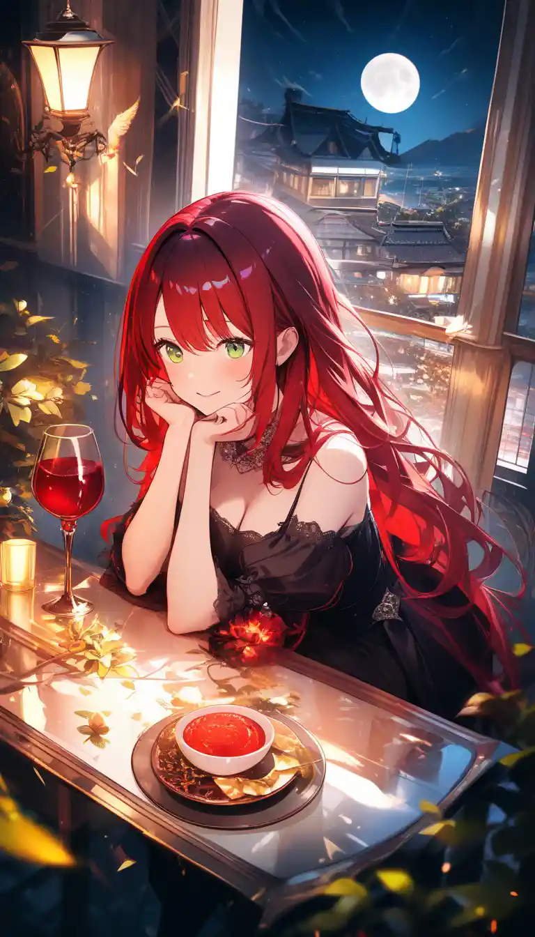 Elegant anime woman drinking wine under the full moon