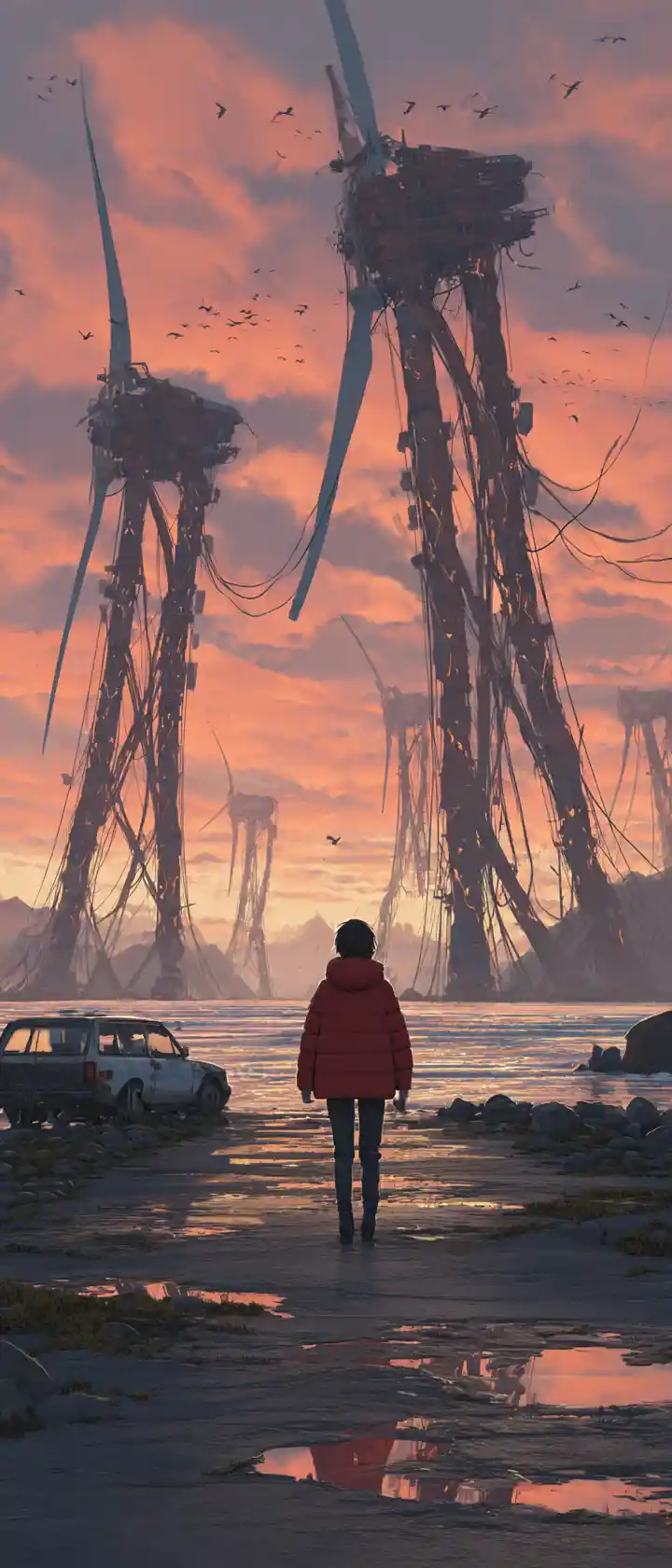 Girl in red jacket walking along empty coastal road