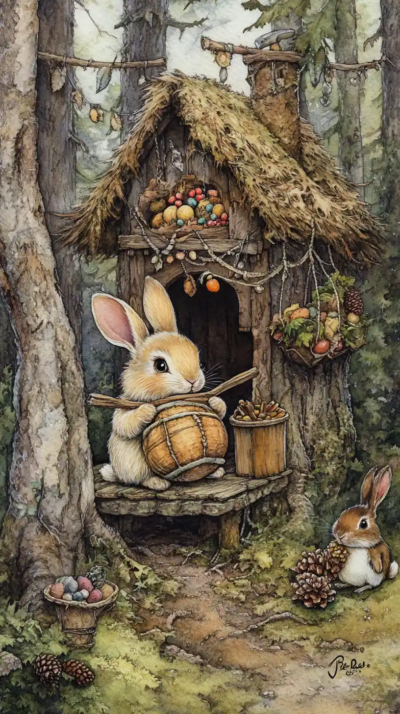 Cheerful Rabbit With Drum In Watercolor Forest Scene