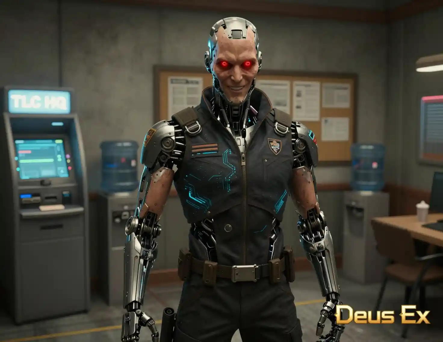 Cyborg man in neon office break area first person view