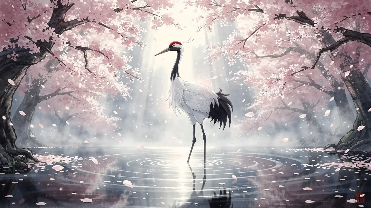 Japanese crane among cherry blossoms in tranquil water scene
