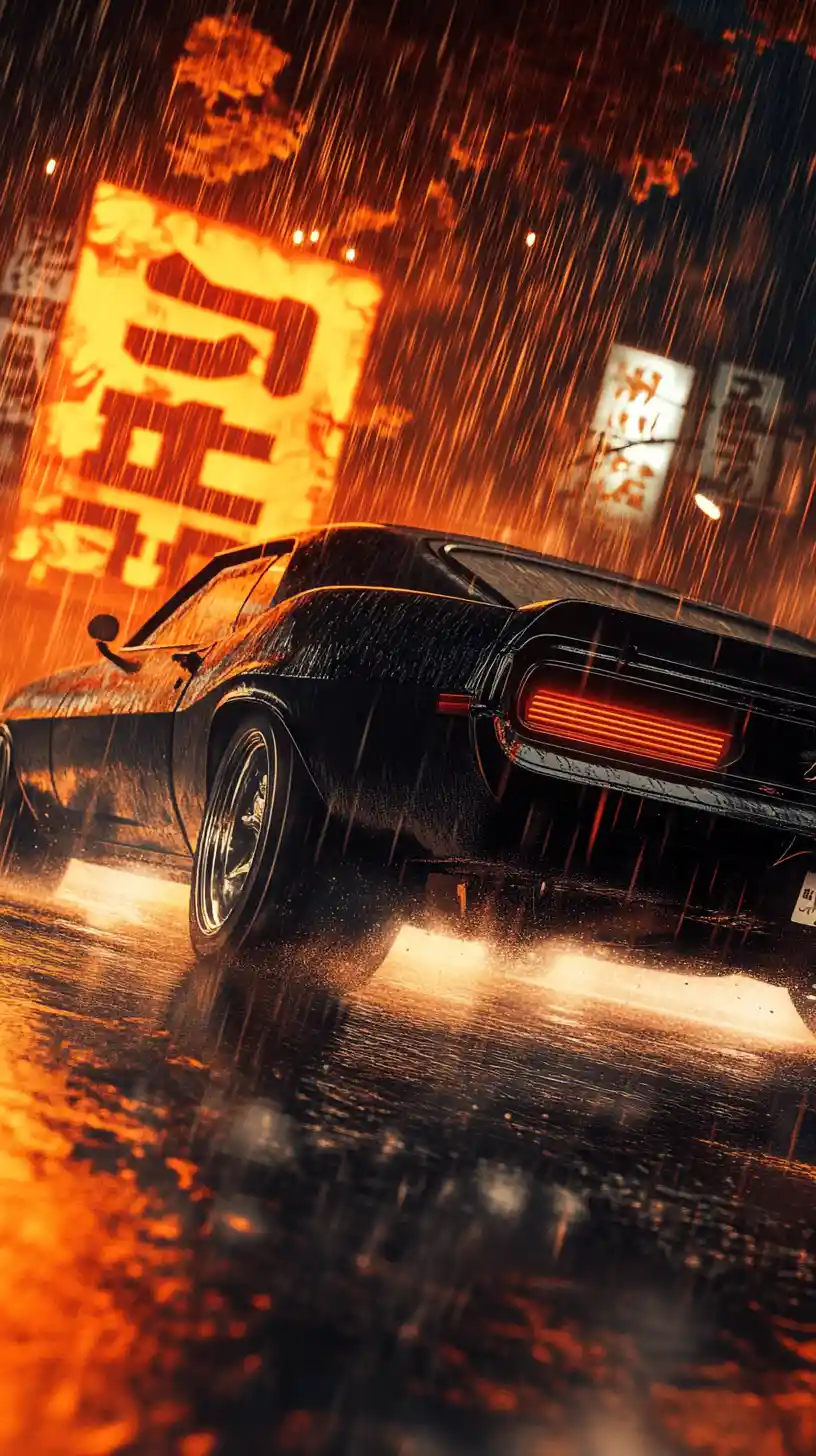 Muscle car noire fonçant dans une rue de ville sous la pluie