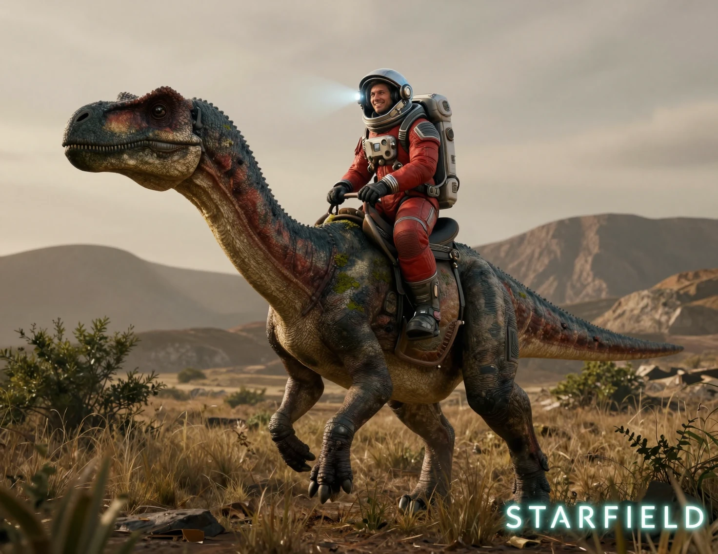 宇宙飛行士が恐竜のような生き物に乗るエイリアングラスランド