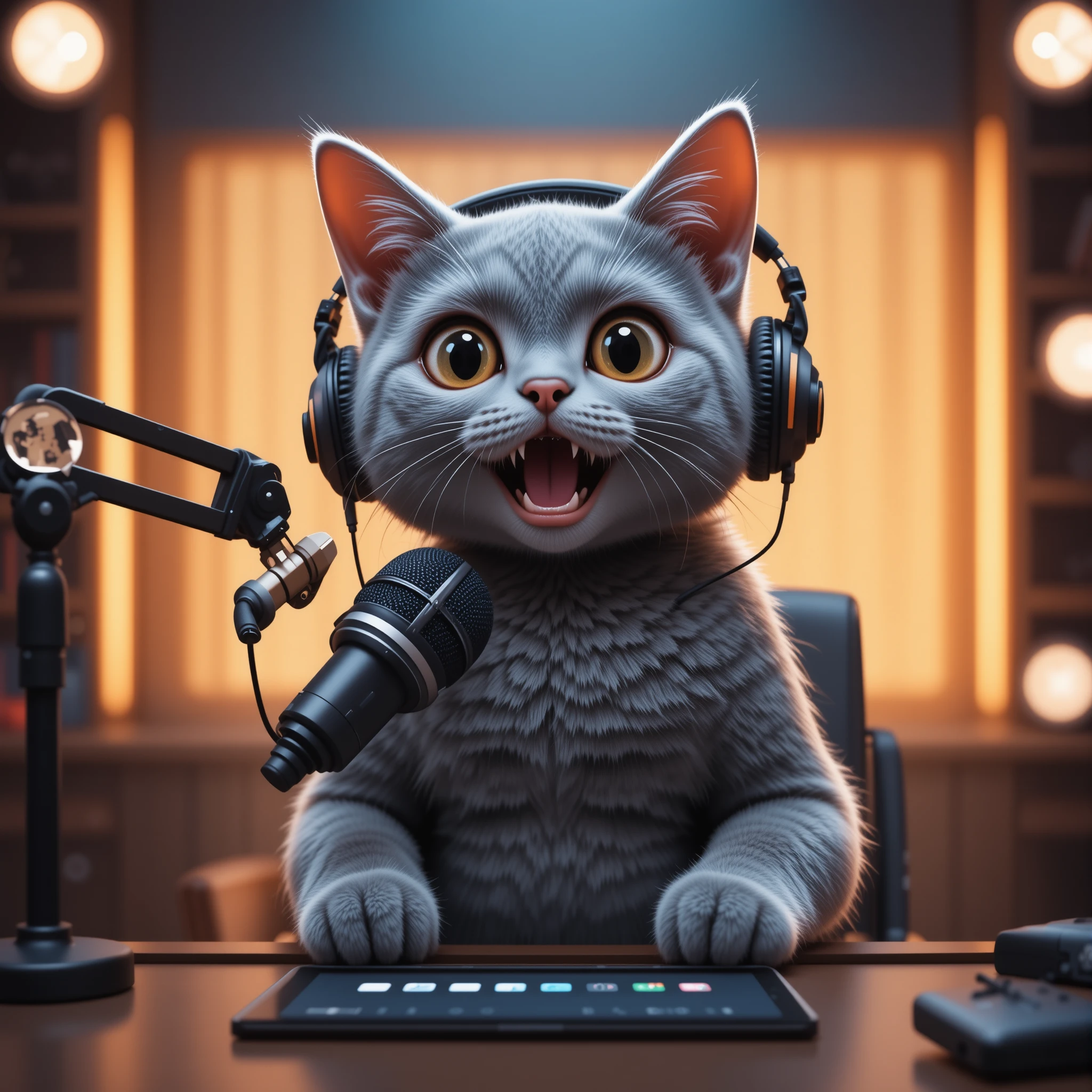Chat gris cartoon animant une scène de podcast à la lumière chaleureuse
