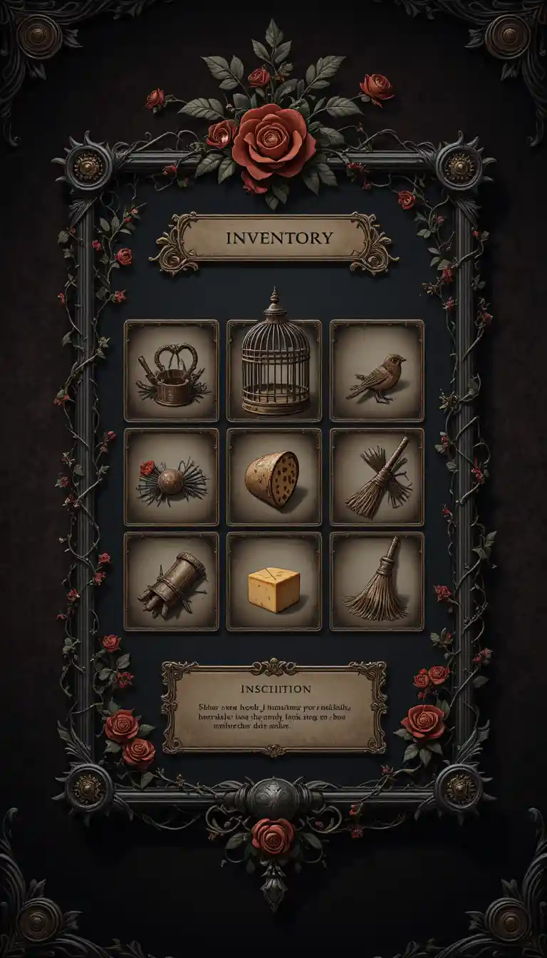 Dark-Fantasy-Spiel-Inventarmenü mit verziertem gotischem Rahmen