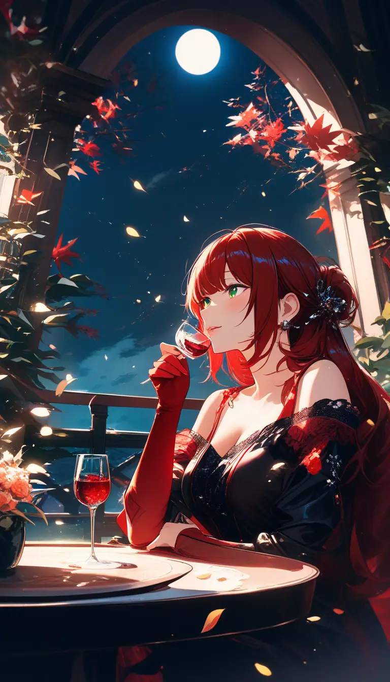 Elegant anime woman drinking red wine in moonlit vineyard