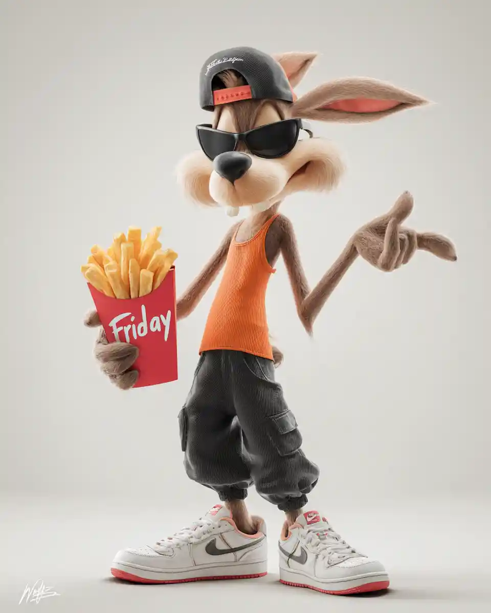 Stylized 3D coyote with fries on white background