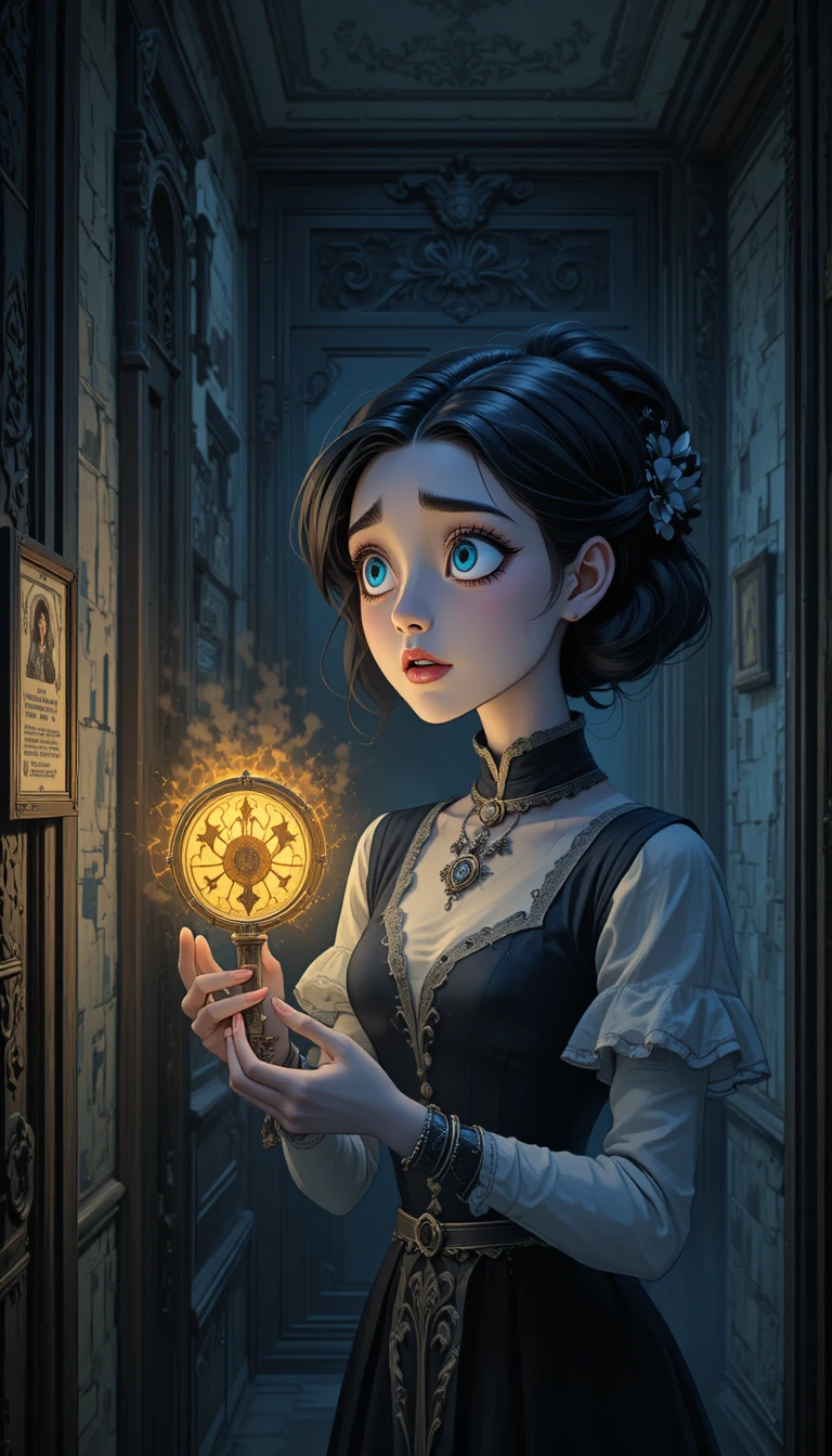 Gothic fantasy woman holding a glowing key in hallway