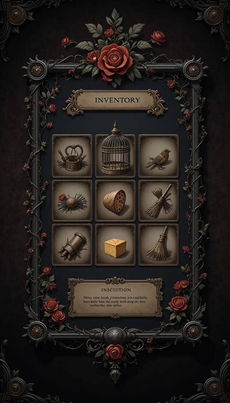 Dark-Fantasy-Spiel-Inventarmenü mit verziertem gotischem Rahmen