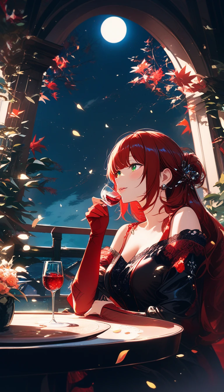 月光葡萄園中優雅的動漫女子品嚐紅酒