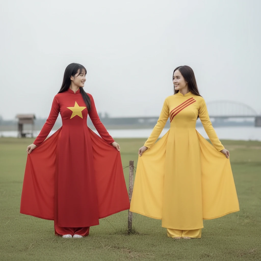 Due ragazze in abiti ao dai a contrasto che fanno una riverenza insieme