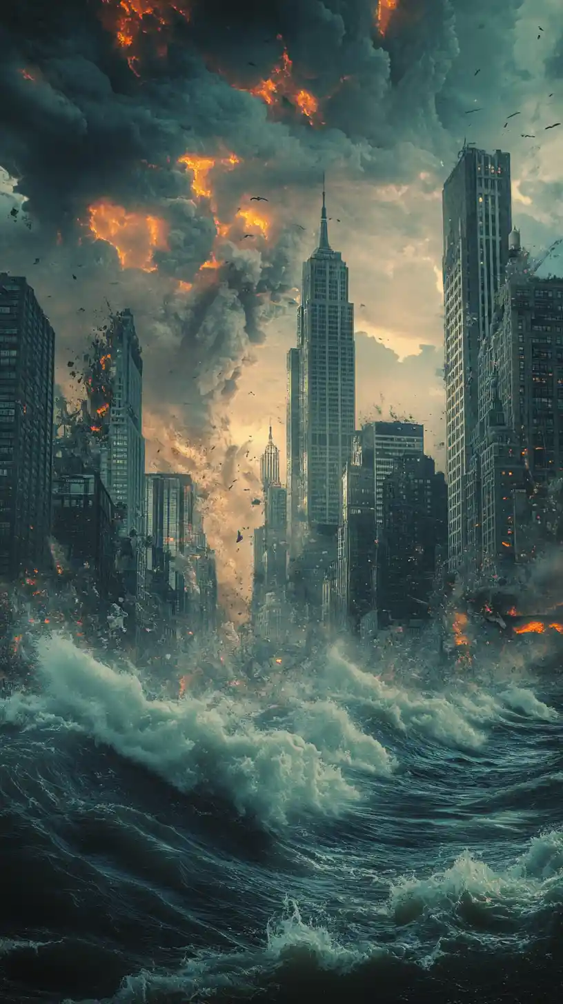Apocalyptic flooded city skyline under stormy fiery sky