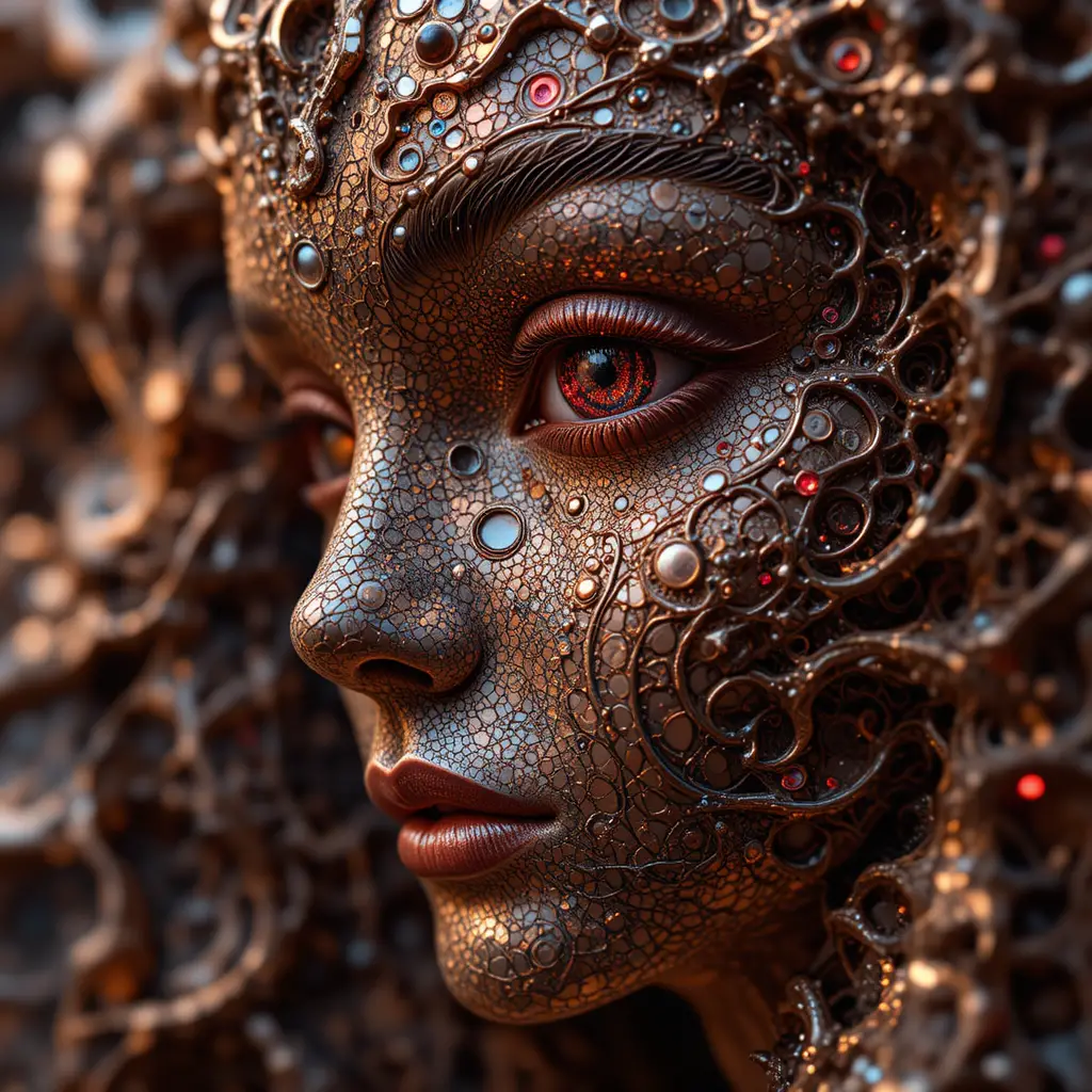 Swirling fractal face in bronze and ruby glowing patterns