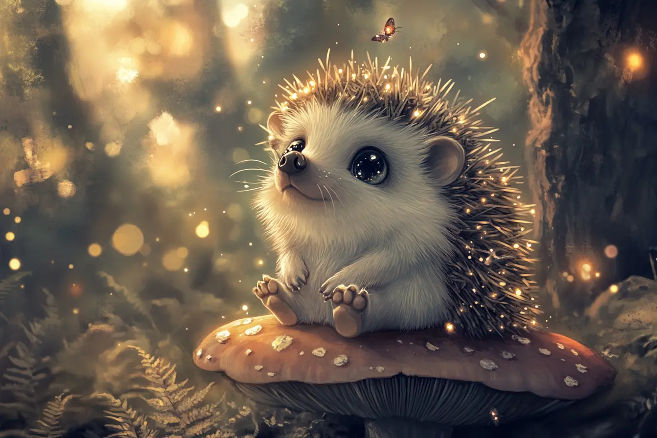 Baby hedgehog on a tiny mushroom throne in watercolor