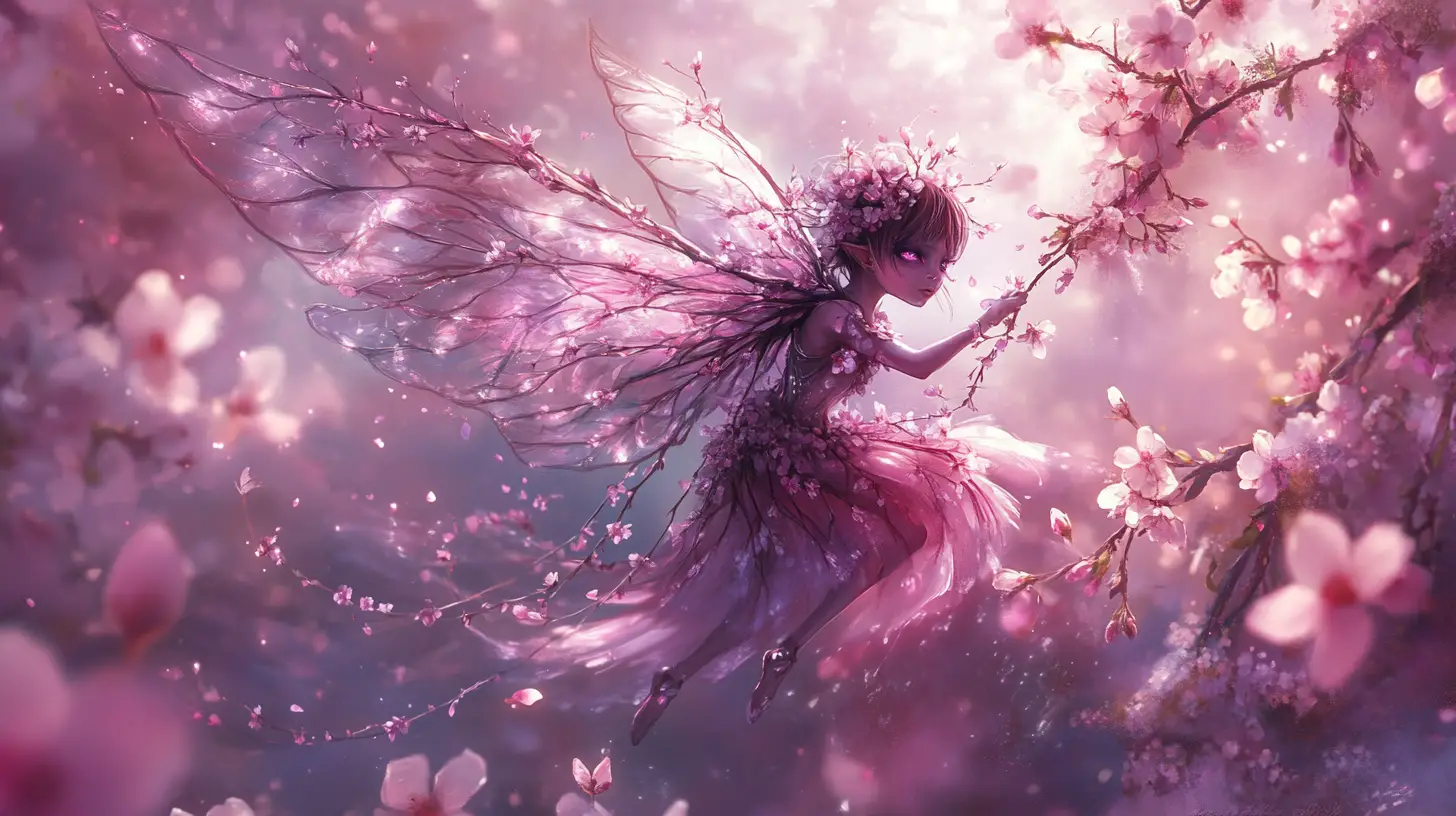 Cherry blossom fairy spinning in a sunlit orchard breeze