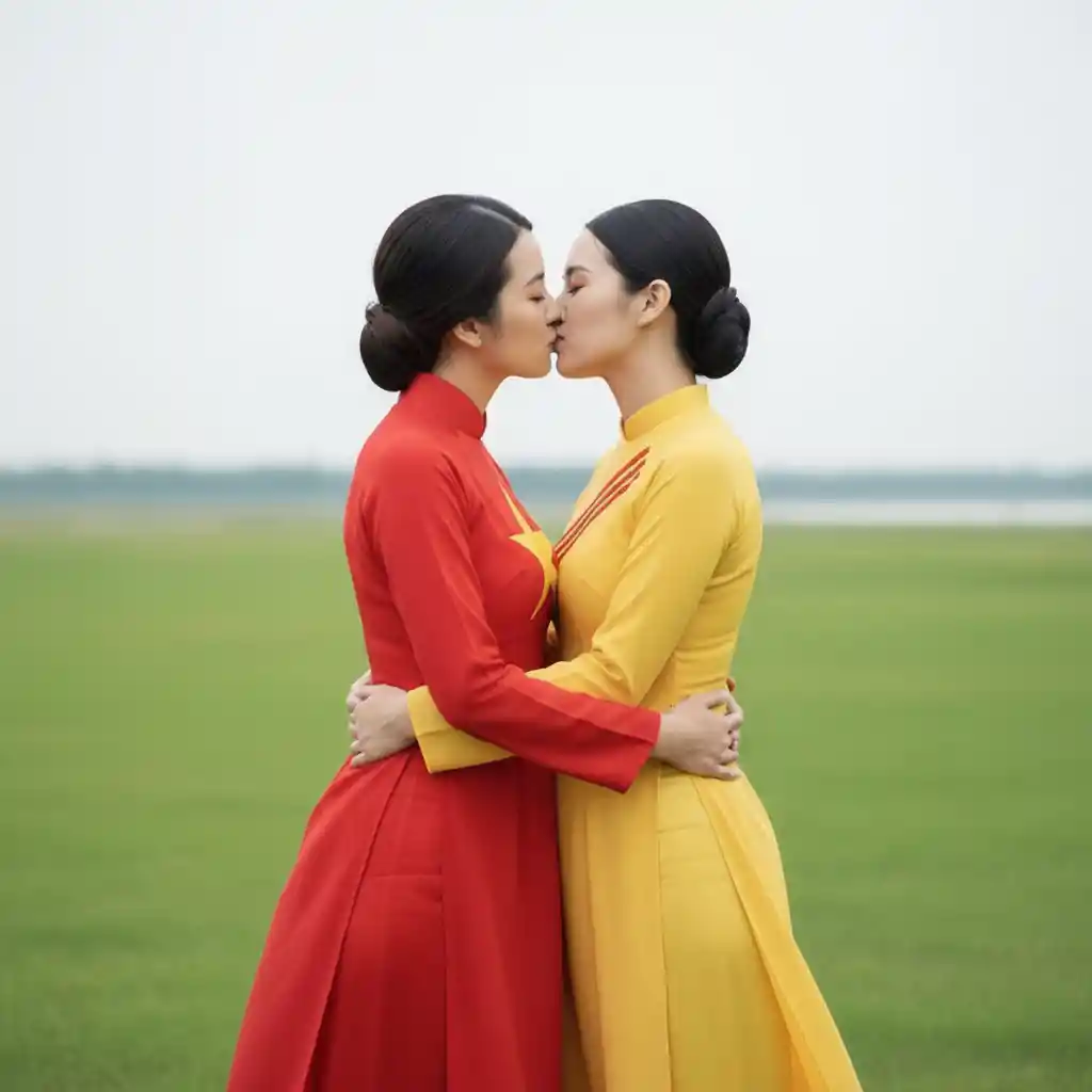 Two vietnamese girls kissing in a green grassy field