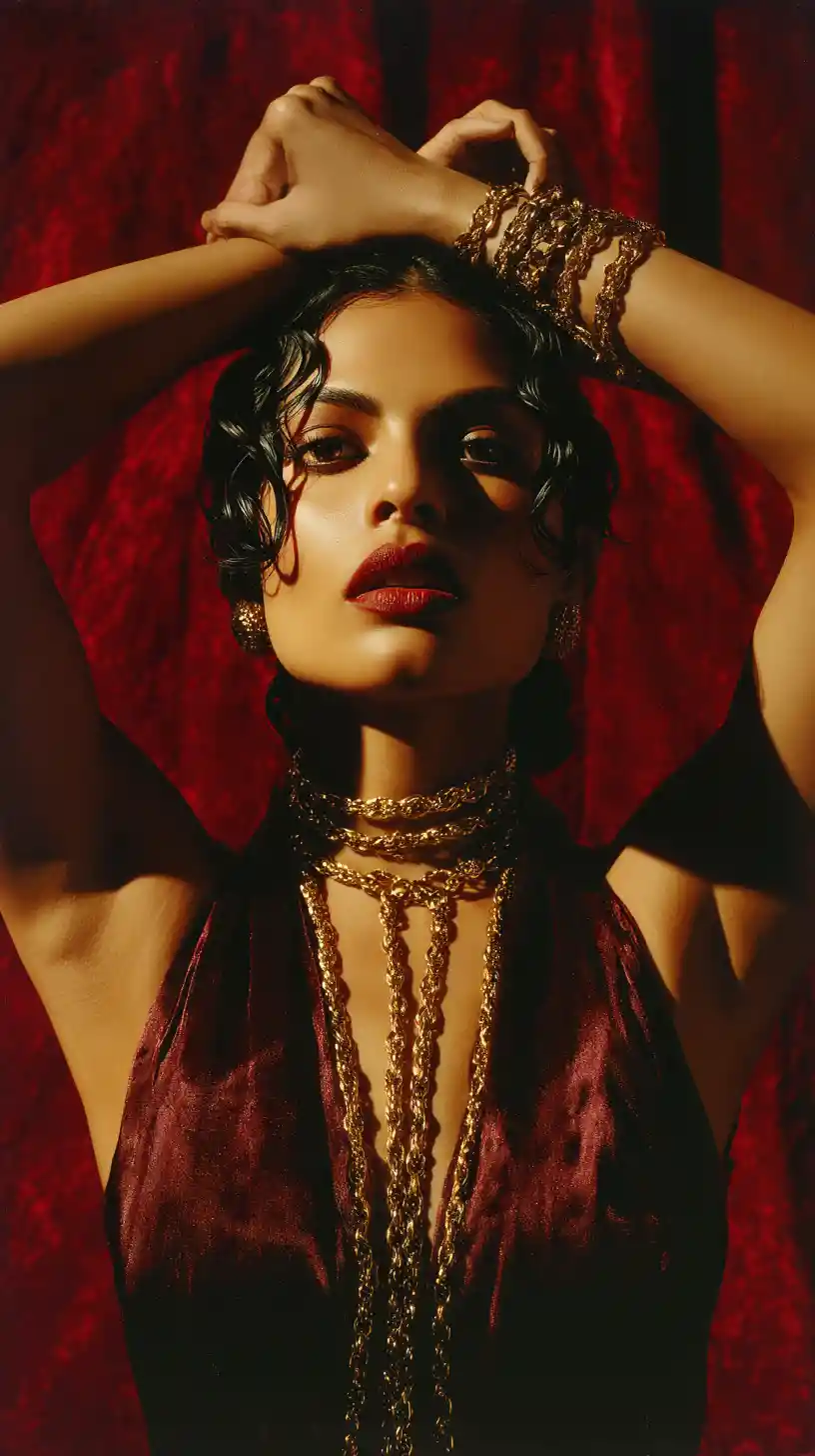 Powerful middle eastern woman portrait with gold jewelry