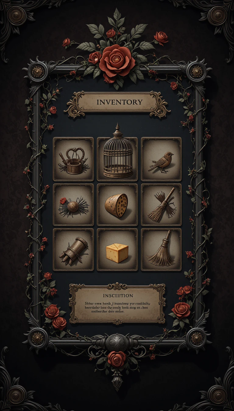 Dark-Fantasy-Spiel-Inventarmenü mit verziertem gotischem Rahmen