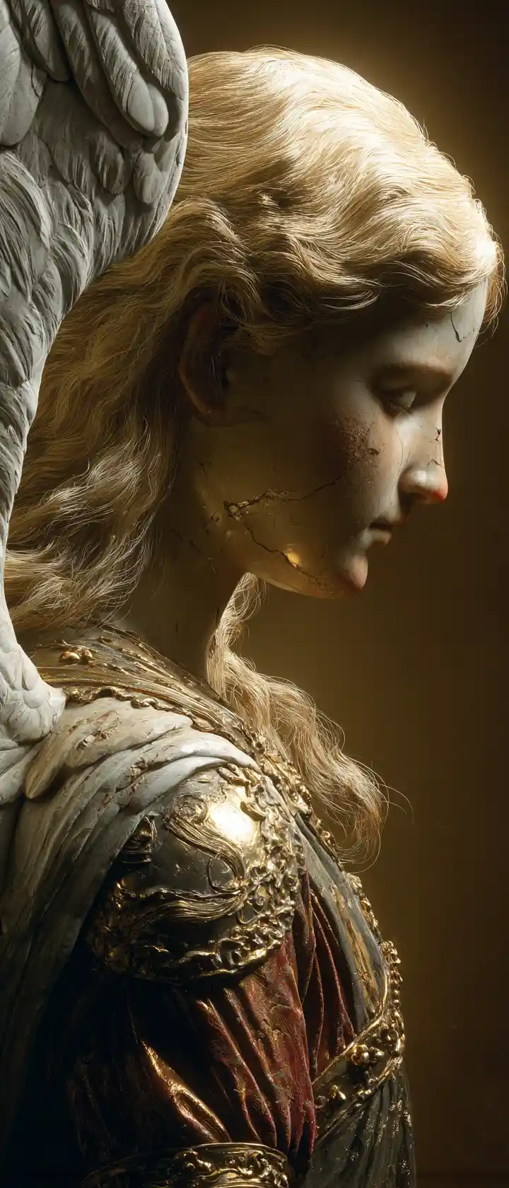 Blindfolded angel portrait with golden fissured wax face