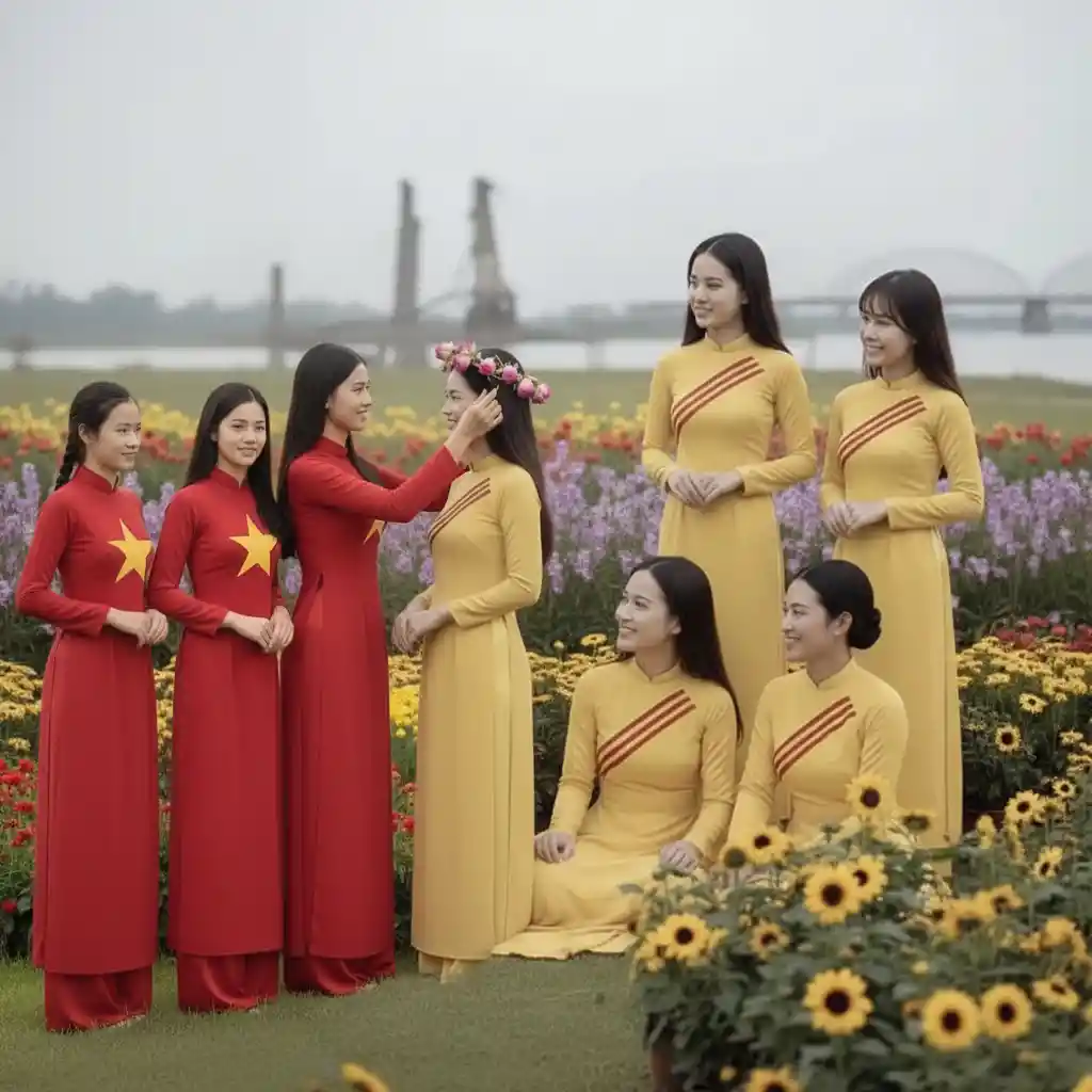Northern and Southern Vietnamese women sharing a floral head wreath