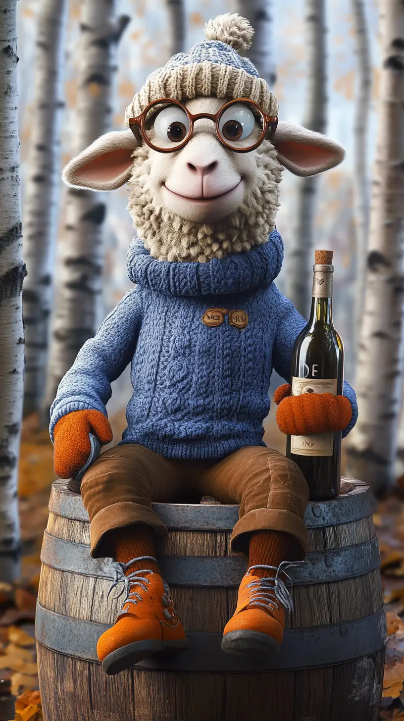 Happy sheep in clothes sitting on a wine barrel