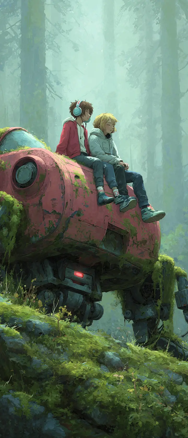 Teenagers Sharing Earphones On Fallen Drone In Misty Forest