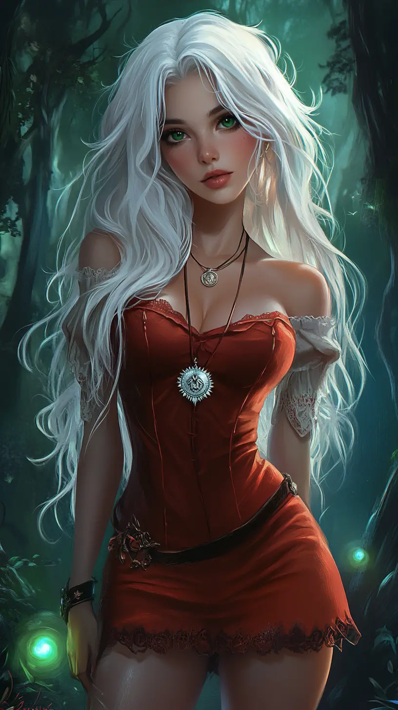 White haired fantasy girl in red dress in mystical forest