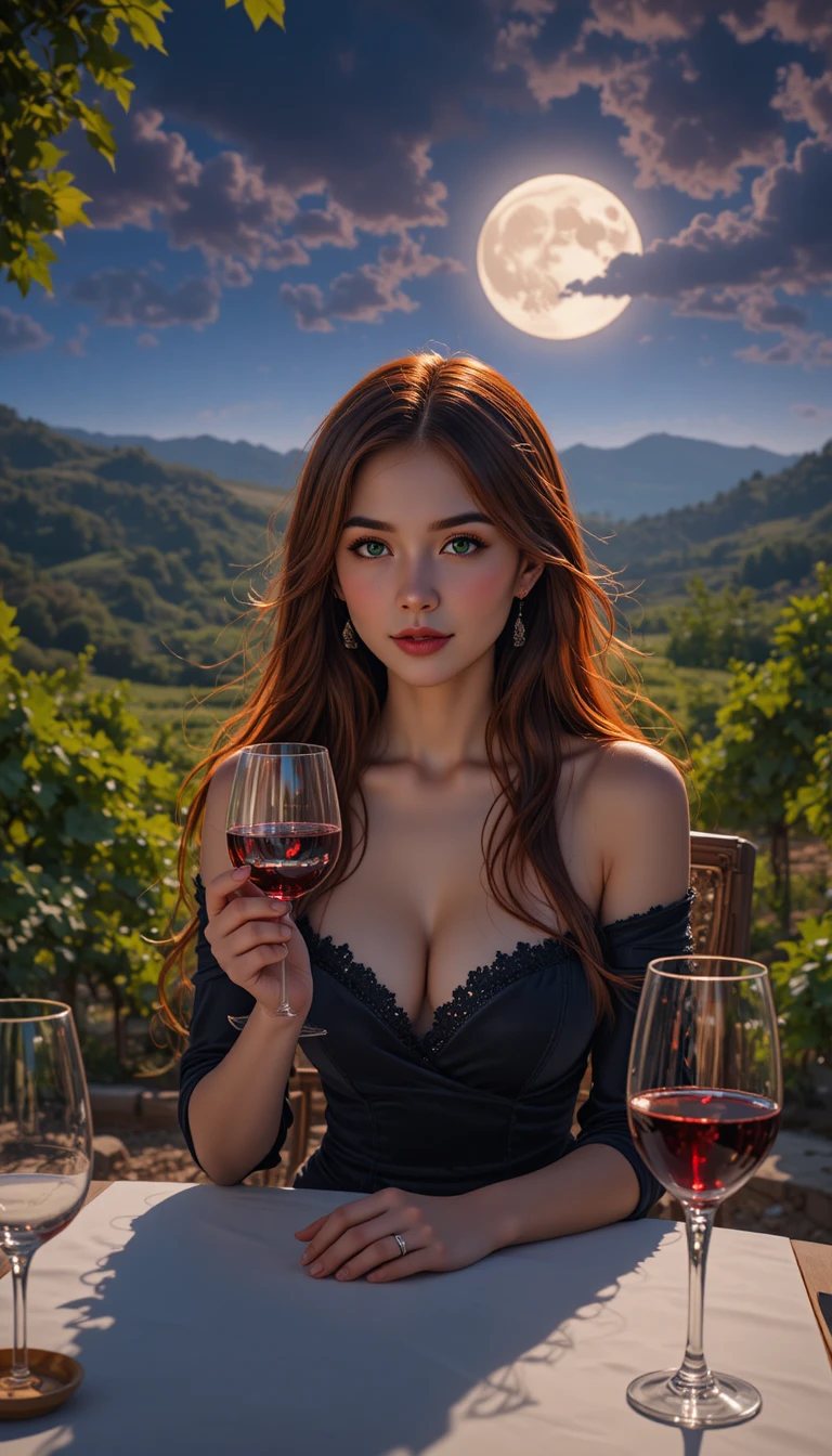 보름달 아래에서 와인을 마시는 우아한 애니메이션 여성