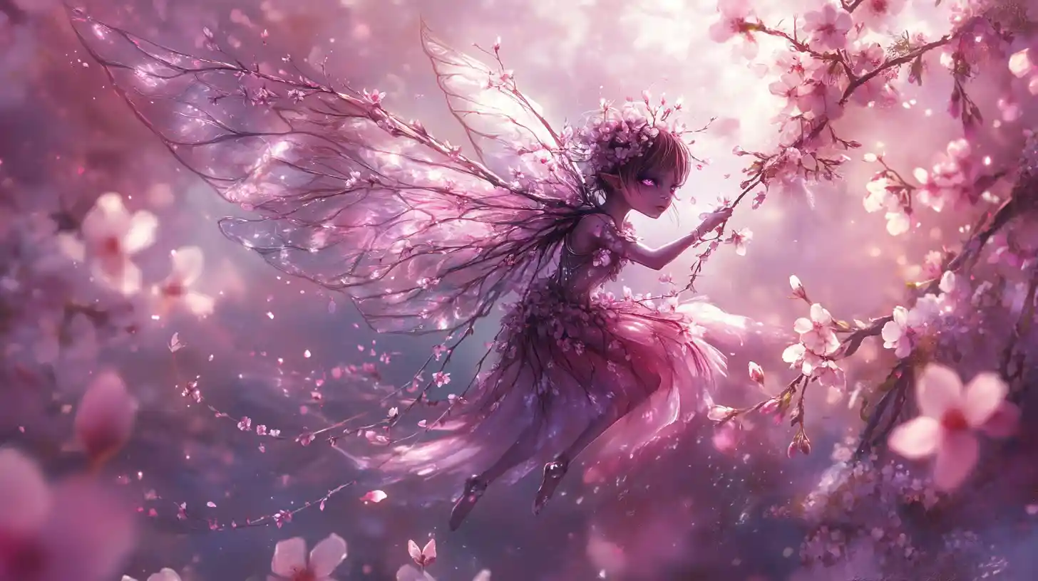Cherry blossom fairy spinning in a sunlit orchard breeze