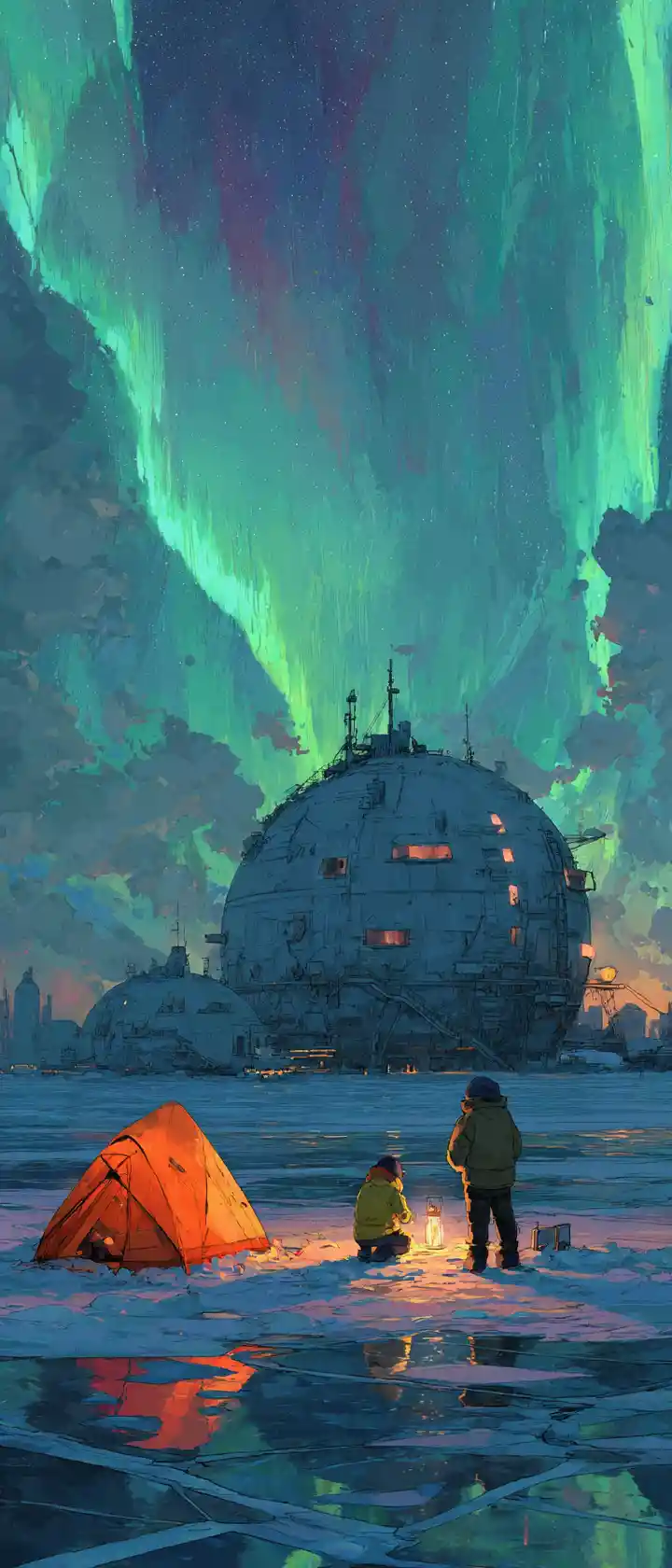 Father and daughter ice fishing by a sunken research sphere