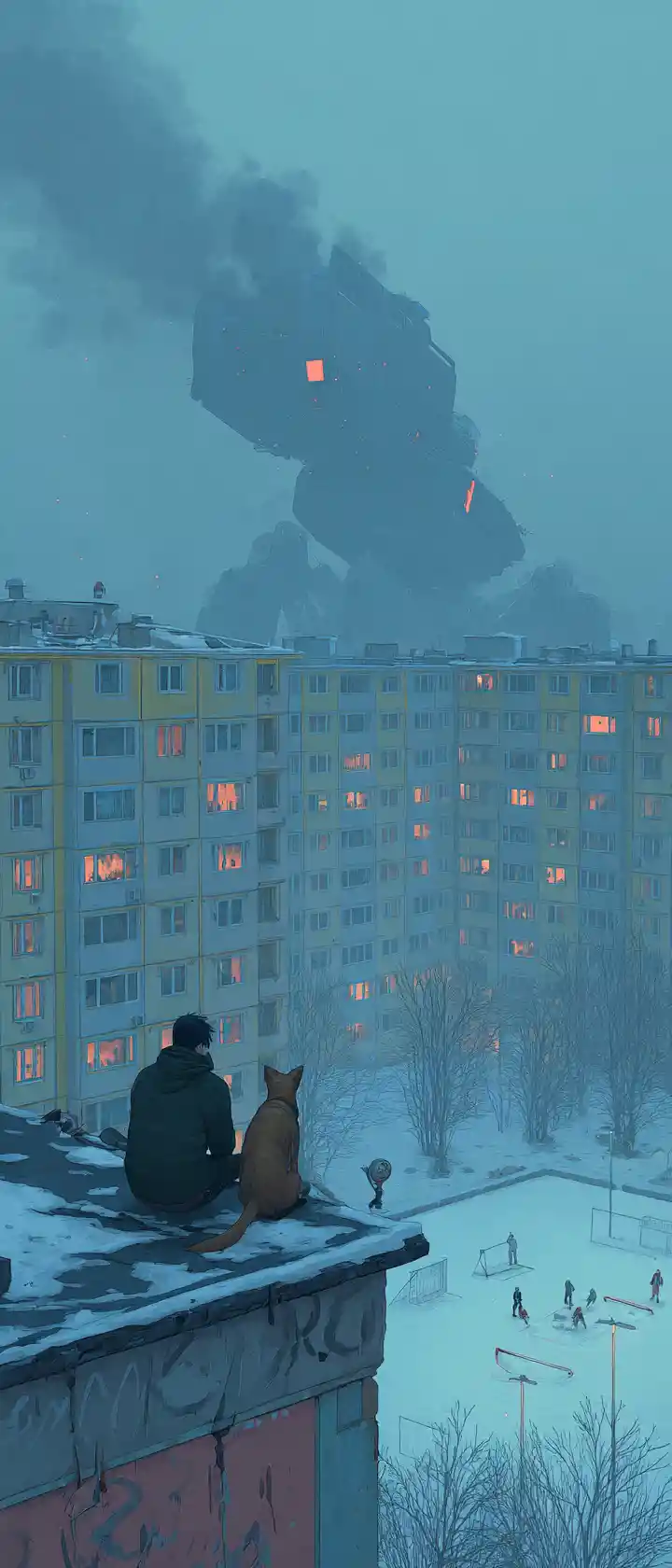 Teenage boy and dog watching a crashing cargo drone
