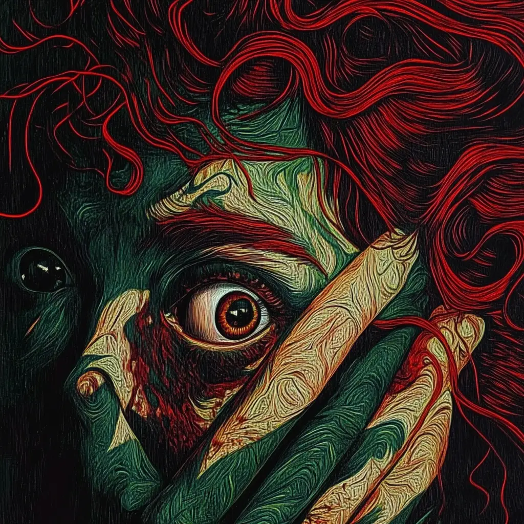 Surreal red haired zombie woman in painterly dreamscape
