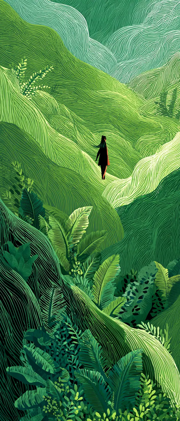 Abstract green illustration of a woman in lush hills