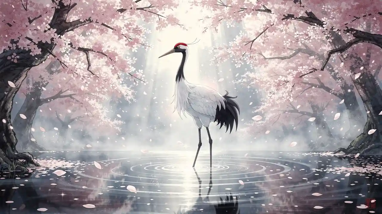 Japanese crane among cherry blossoms in tranquil water scene