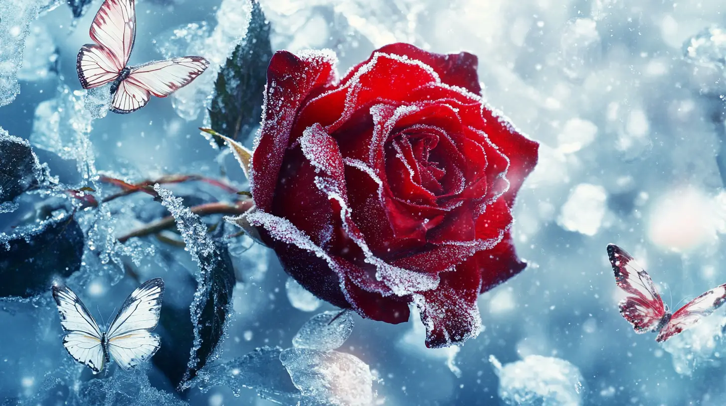 Red frozen rose with neon butterflies on snow close up