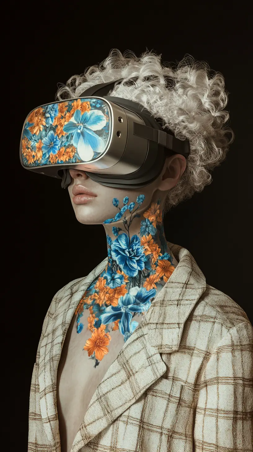 Young woman in floral virtual reality headset portrait