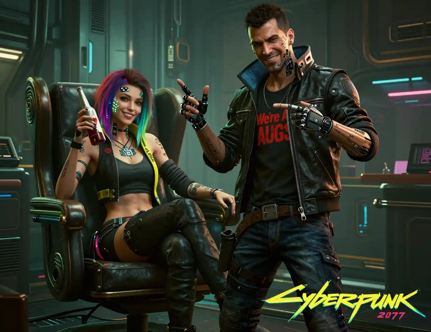 Cyberpunk woman relaxing in a neon futuristic lounge