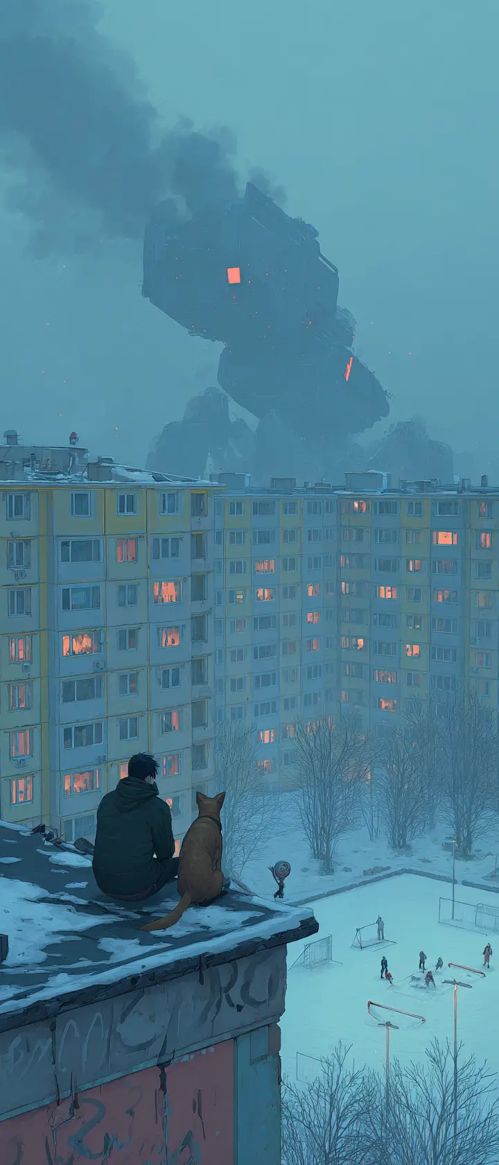 Teenage boy and dog watching a crashing cargo drone