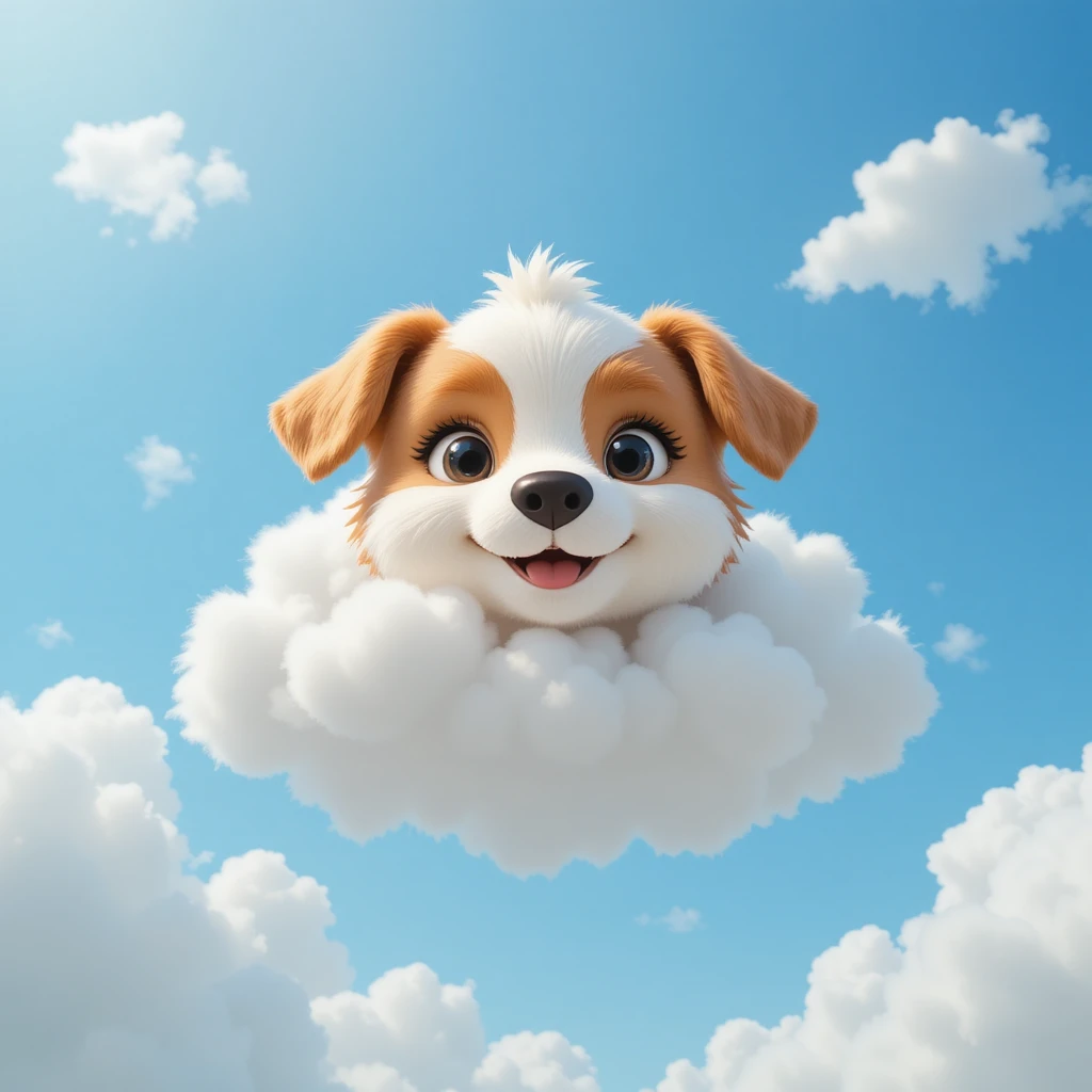 Cheerful Cartoon Puppy Floating On A Fluffy Cloud