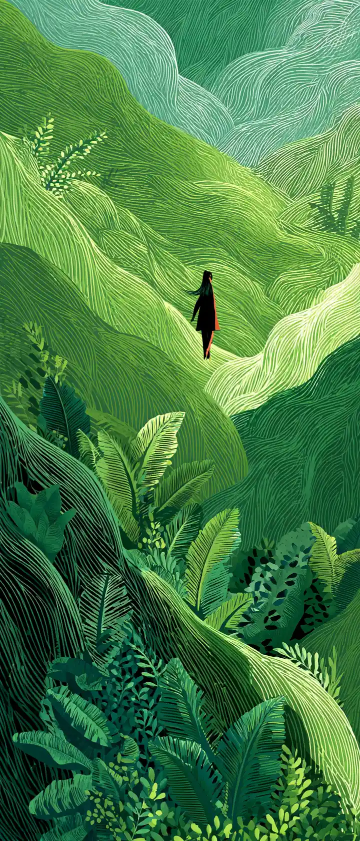 Abstract green illustration of a woman in lush hills