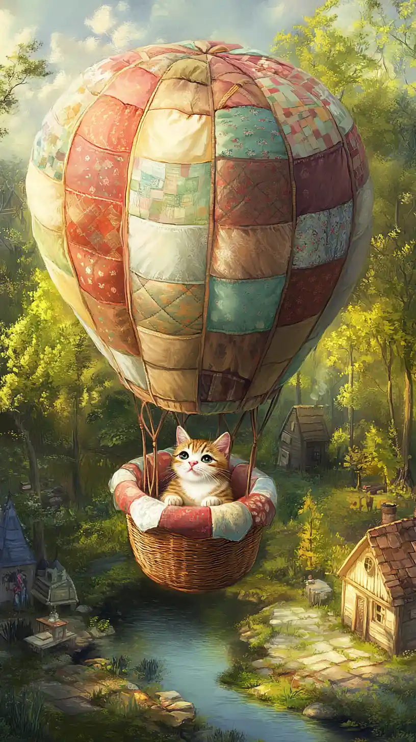 Tabby Cat In Patchwork Balloon Over Enchanted Forest