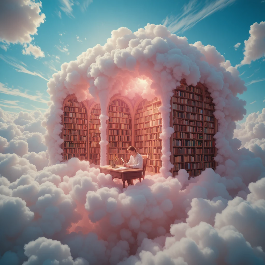Floating cloud library bathed in soft pink light