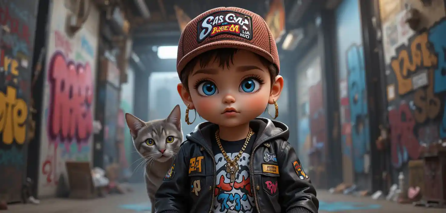 Red haired baby girl rapper with cat in urban studio scene