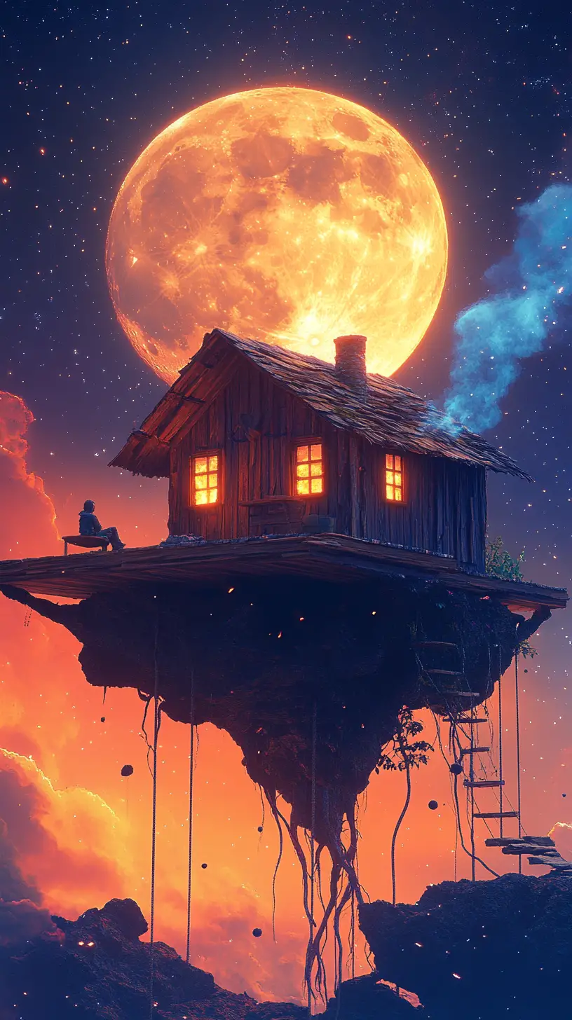 Rustic cabin floating in space under a luminous moon